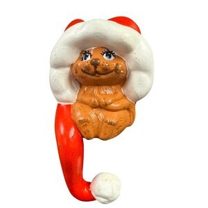 Hand Painted Ceramic Christmas Cat Stocking Holder Santa Hat Shelf Sitter